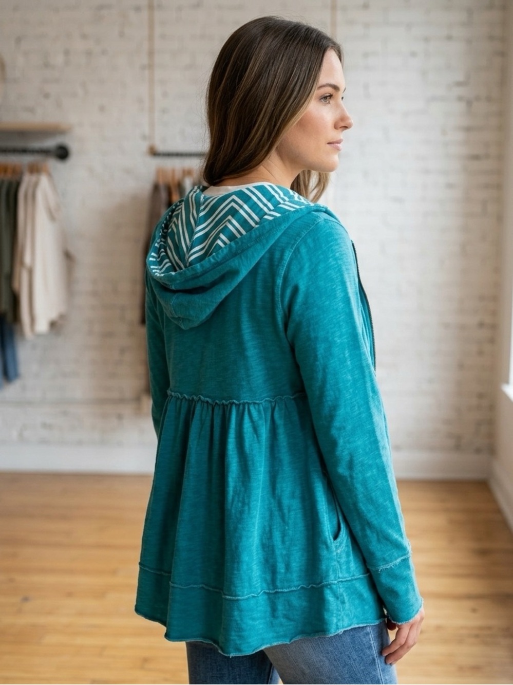 evy's tree Teal ‘the sophie’ Hooded Zip Front Gathered Waist Sweatshirt